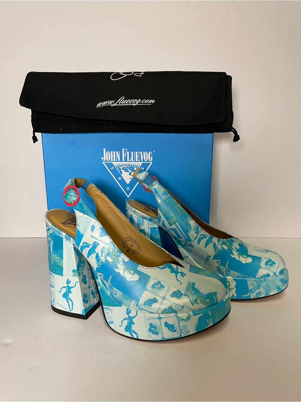 John Fluevog Ternura Blue Green White Newsprint Platform Slingback Pumps heels 7